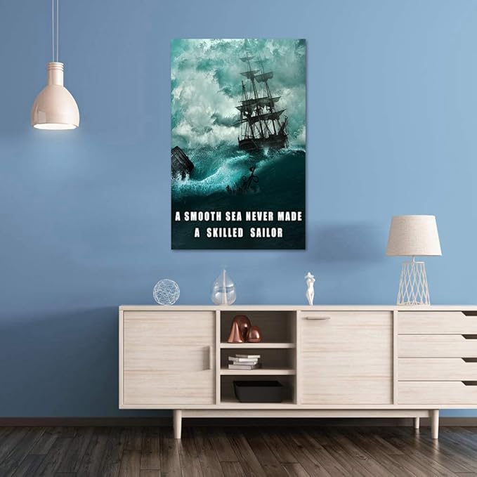 Motivational Wall Art Inspirational Quotes Pictures Inspiration Motivation Inspire Canvas Painting Sailing Ship Storm Posters Prints Home Decor for Office, Framed 28" x 44"