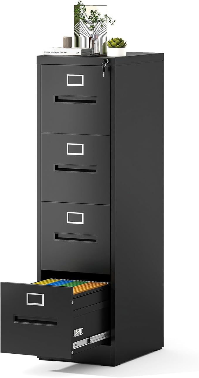 4 Drawer File Cabinet with Lock, Metal Vertical Filing Cabinet for Home Office, Office Furniture for Organization Hanging Files for A4/ Legal/Letter, Heavy Duty Storage Cabinet,Require Assembly-Black