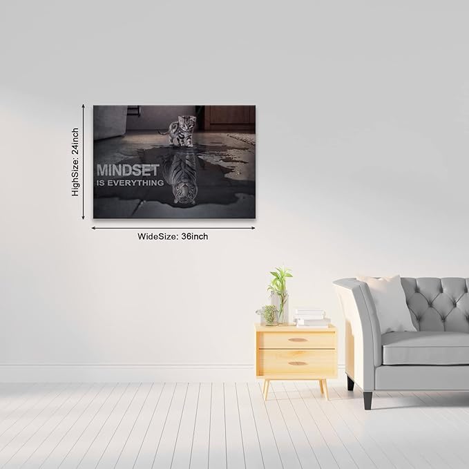 Motivational Canvas Wall Art Mindset is Everything Posters Prints Cat Big Tiger Inspirational Quote Painting for Office Bedroom Decor (24" W x 36" H)