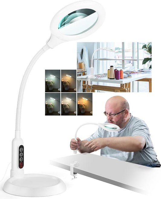 10X Magnifying Glass with Light and Stand, LED 5 Color Modes, Brightness Stepless Dimming Lighted Magnifier Hands Free, Flexible Gooseneck Desk Lamp with Clamp for Close Works, Crafts, Hobby - White