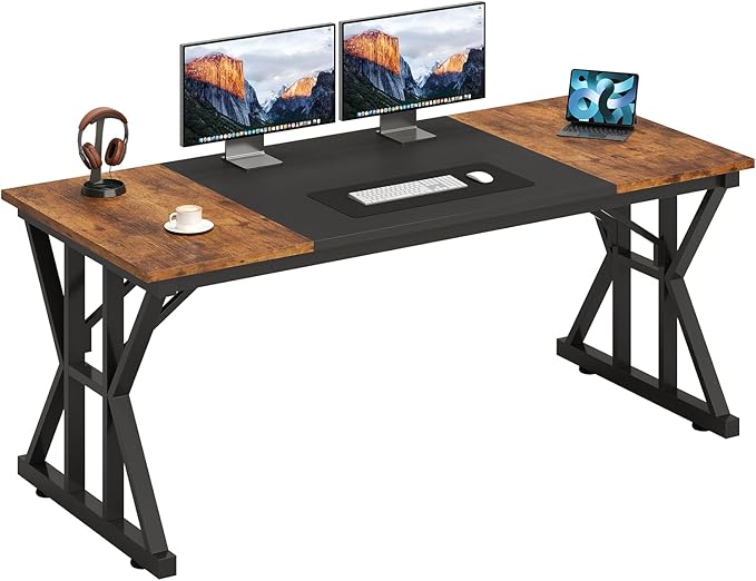 TVU 63-Inch Executive Desk, Large Office Desk with Thicken Frame, Computer Desk Modern Simple Desk for Home Office, Rustic Brown/Black