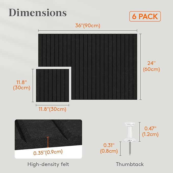 Lifewit Felt Slatted Bulletin Board with Self-Adhesive, 36"x 24"-6 Pack Cork Board Alternative, Pin Board Vision Board Message Board with 30 Pushpins for Office Decor, Room Decor, Black
