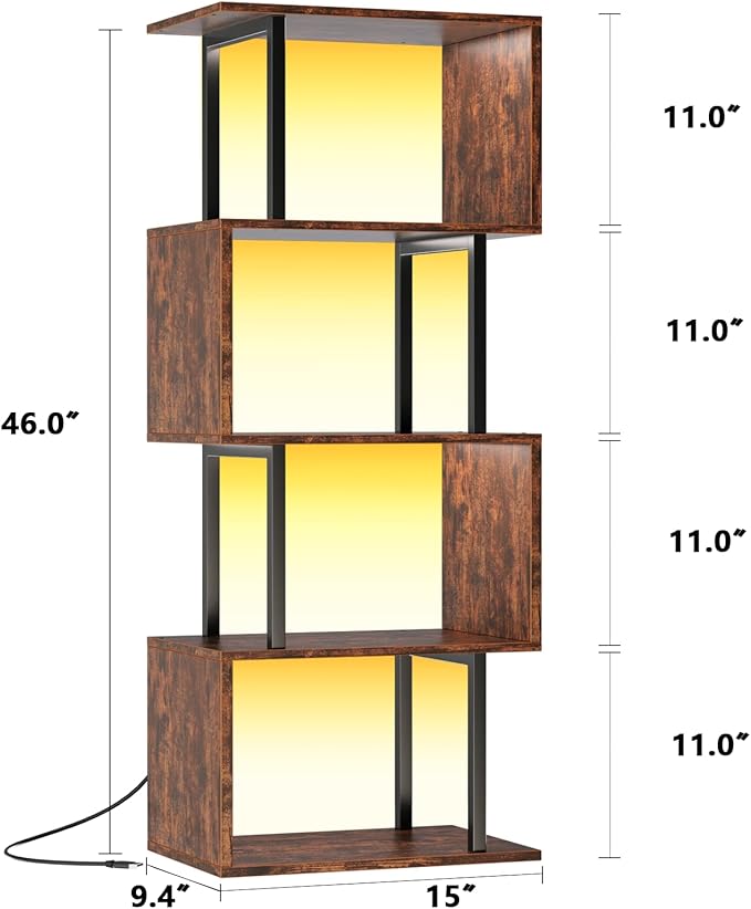 Furologee 5 Tier Geometric Bookshelf with LED Light, Small S-Shaped Bookcase, Industrial Display Standing Shelf, Metal Wooden Decorative Storage Shelves for Bedroom, Living Room, Office, Rustic Brown