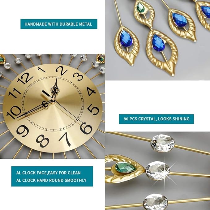 26.3 Inch Gold Large Wall Clock, Elegant 3D Modern Wall Clock with Dial Arabic Number, Non-Ticking Silent, Easy to Read, Suitable for Living Room, Kitchen, Bedroom, Office, Hotel