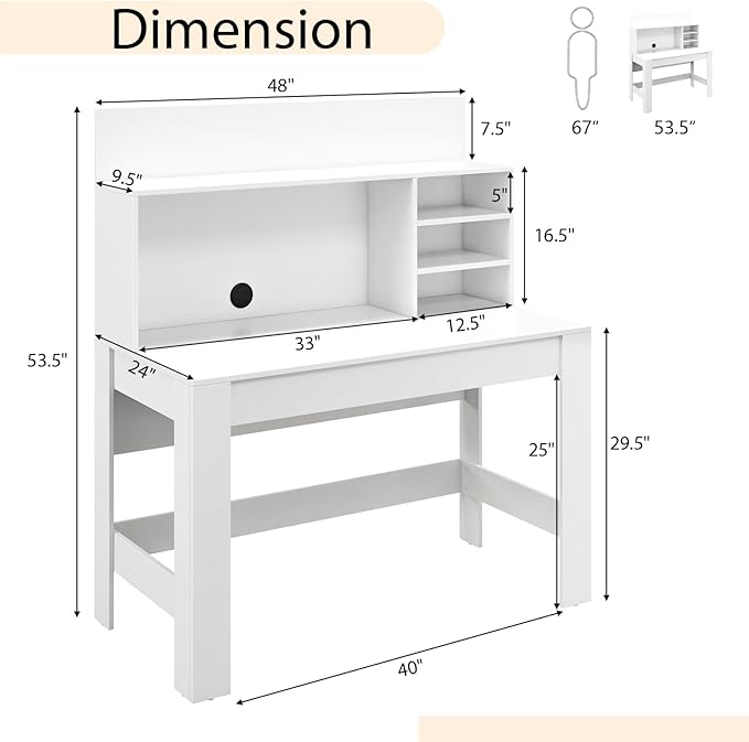 Giantex White Desk with Hutch, Home Office Desk with Bookshelf, Computer Workstation PC Laptop Table with Anti-Toppling Device & Cable Hole, Modern Study Writing Desk for Small Spaces, Bedroom