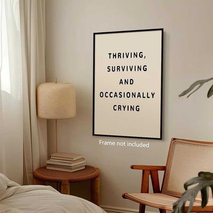 Wodkodnxy Inspirational Quote Wall Art, Thriving Surviving and Occasionally Crying Canvas Poster, Black and White Desk Office Wall Picture, Positive Mental Health Print for Bedroom 8x12in Unframed