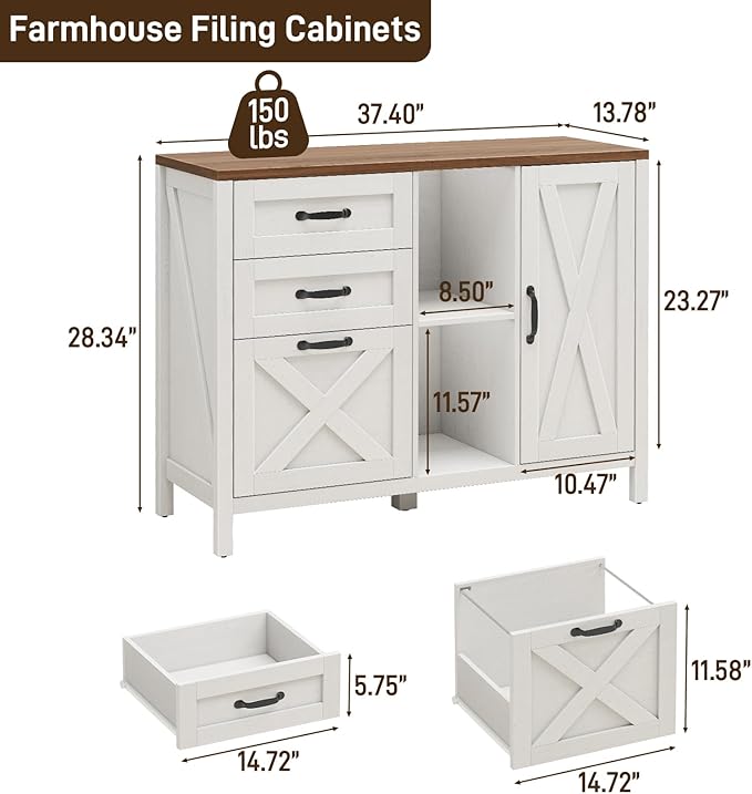 Vabches Lateral File Cabinet, Farmhouse 3 Drawer File Cabinet with Open Storage Shelf for Letter/A4/Legal Size Hanging Files, Large Wood Storage Cabinets Printer Stand for Home Office, White