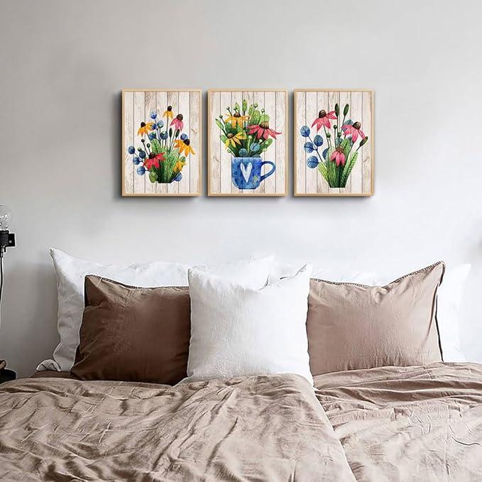 Natural Wood Framed Vintage Wood Grain Plant Flowers Wall Art For Kitchen Wall Decorations For Living Room Bathroom Wall Decor 3 Pieces Framed Canvas Print Artwork Modern Office Home Decor Painting