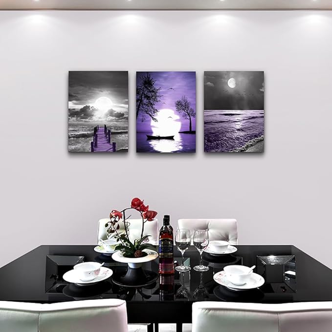 Lapremoly Canvas Wall Art For Bedroom Wall Decorations For Living Room Wall Decor For Office Black And White Wall Painting Purple Ocean Landscape Pictures Posters Farmhouse Home Wall Decor 3 Panels