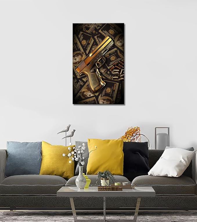100 Bill Dollar Money Canvas Wall Art Inspirational Poster Golden Gun Picture Print Motivational Money Wall Decor for Office Home 28x44in