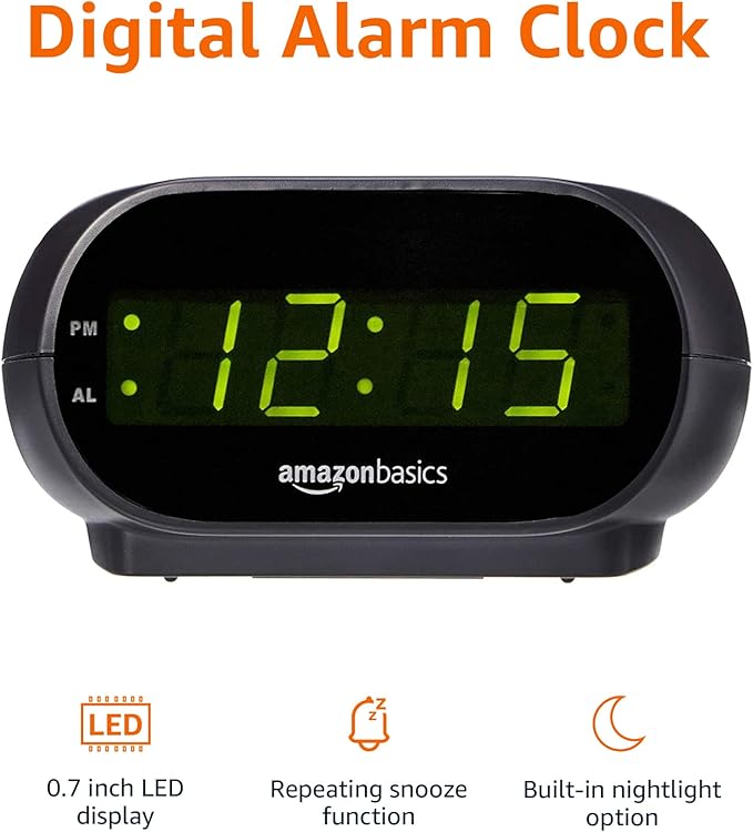 Amazon Basics Small Digital Oval Alarm Clock with LED Display, Nightlight, Snooze Function & Battery Backup, Black, 4.5 x 3.5 x 2.4 Inches