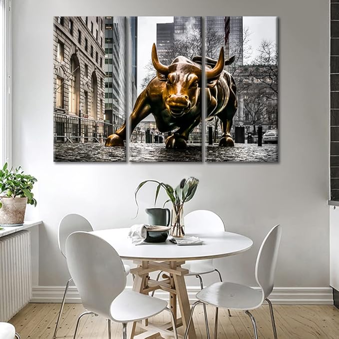 TUMOVO Canvas Prints Wall Art Modern Wall Street Bull Wall Decor 3 Pieces Family Decoration Gallery Canvas Wrap Giclee Print Stretched and Framed Posters and Prints Ready to Hang - 36" Wx24 H