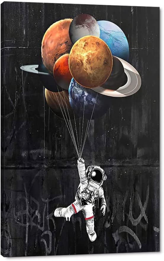 Yatsen Bridge Astronaut Holding Planetary Balloon Wall Art Universe Space Theme Canvas Picture Art Print Modern Home Decor for Living Room Bedroom Stretched and Framed Ready to Hang - 28" Wx44 H
