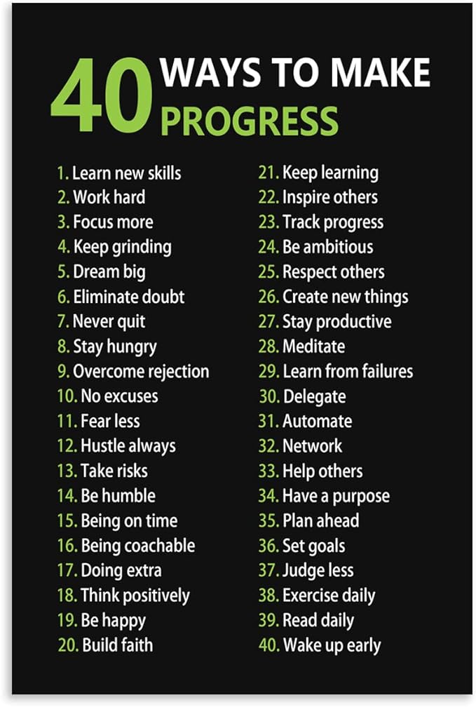 Motivational Wall Art Inspirational Entrepreneur Quotes 40 Ways to Make Progress Canvas Posters Painting Prints Artwork Modern Inspiring Office Gym Library Decorations Framed [24''W x 36''H]