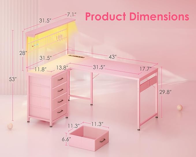 MOTPK L Shaped Gaming Desk with Drawers & LED Light & Power Outlet, 43" Reversible Computer Table with Shelves & Hooks for Home Office, Carbon Fiber Pink