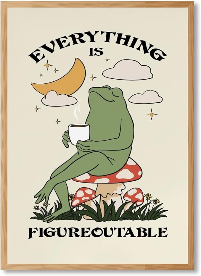 Everything Is Figureoutable Motivational Wall Art Funny Frog Coffee Inspirational Poster Positive Quote Daily Reminder Canvas Print Affirmation Wall Decor for Home Office 12x16inch Wood Color Framed