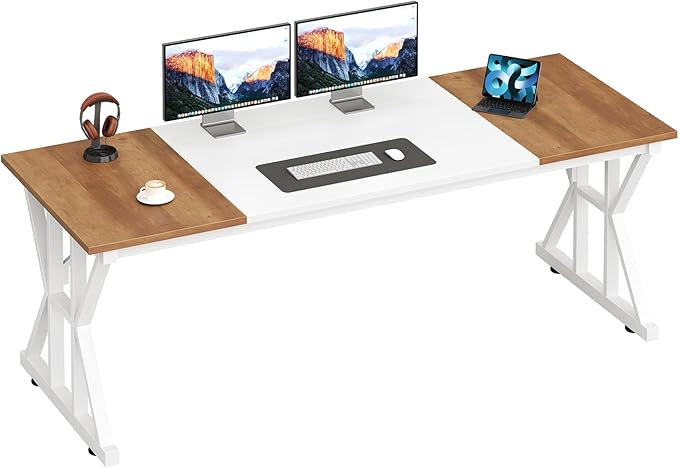 TVU Computer Desk, 63 inch Large Office Desk, Study Writing Table with Thicken Frame, Gaming Desk, Modern Simple Desk for Home Office, Brown/White