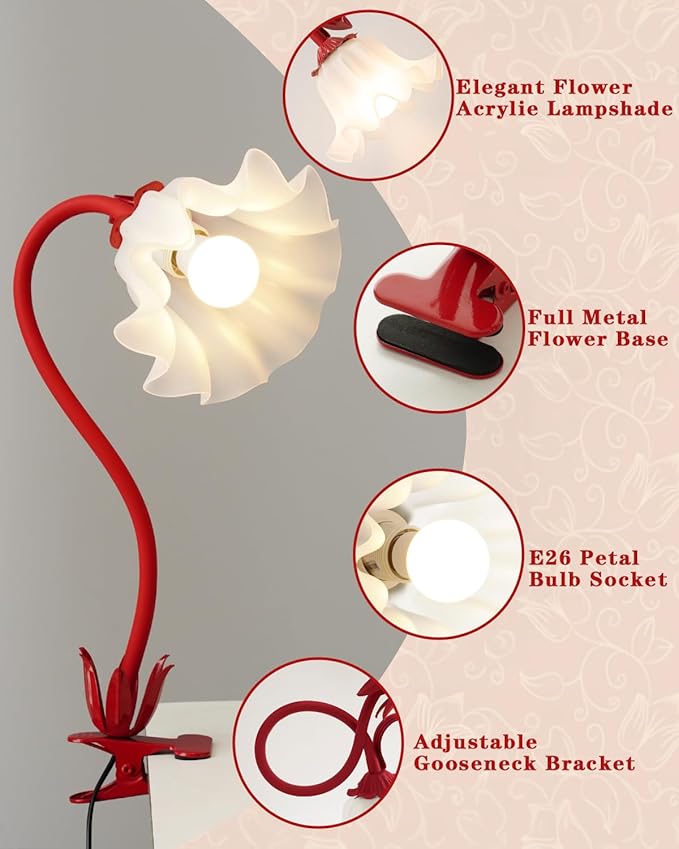 Flower Lamp Clip on Light, 3 Color Modes Eye-Caring Desk Lamp with Clamp, Dorm Room Essentials, Flexible Neck Reading Clamp Lamps for College Bedside Bookshelf Studying Room (Red)