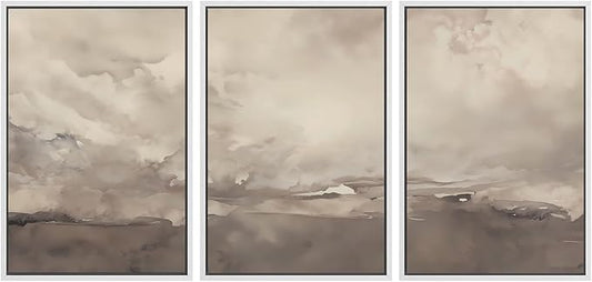 SIGNWIN Framed Canvas Print Wall Art Set Neutral Cloudy Sky Landscape Soft Beige and Taupe Illustrations Modern Art Decorative Boho Relax/Zen Nordic for Living Room, Bedroom, Office - 16"x24"x3 White