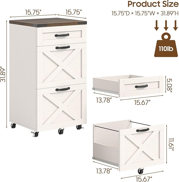 3 Drawer Small File Cabinet with Wheels, Farmhouse Vertical Filing Cabinet Fits Letter/A4 Size, Rolling File Cabinets Wooden Printer Stand for Home Office, Rustic White