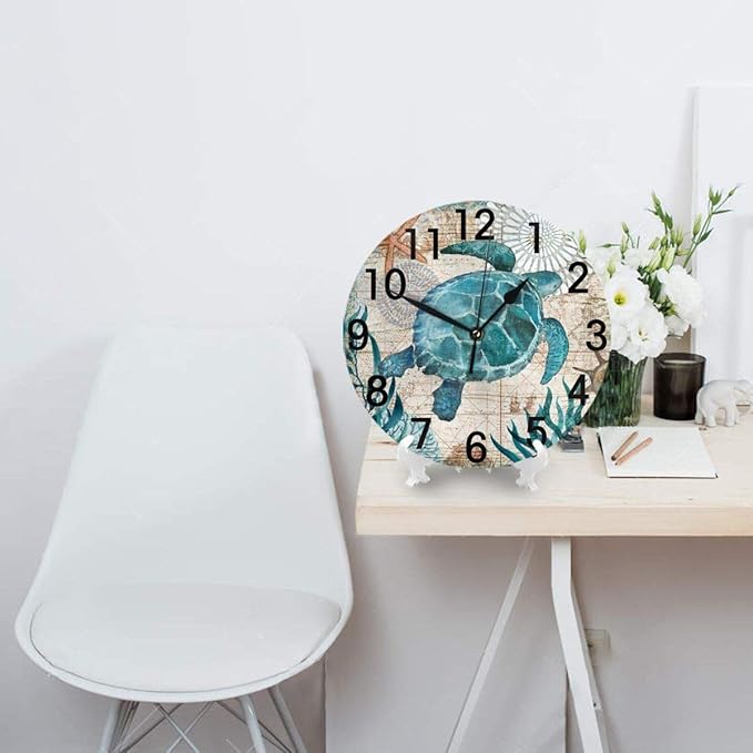 Blue Sea Turtle Nautical Map Retro Ocean Wall Clock Battery Operated Silent Non Ticking Round Clock Art Wall Decor for Home, Office, School 9.8 Inch