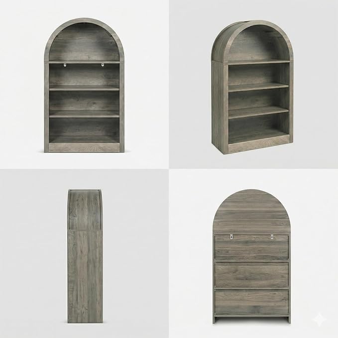 Bookcase, 4-Tier Tall Bookshelf, 47.6" Wood Open Display Floor Arched Book Shelf, Large Storage Organizer for Bedroom and Living Room Gray