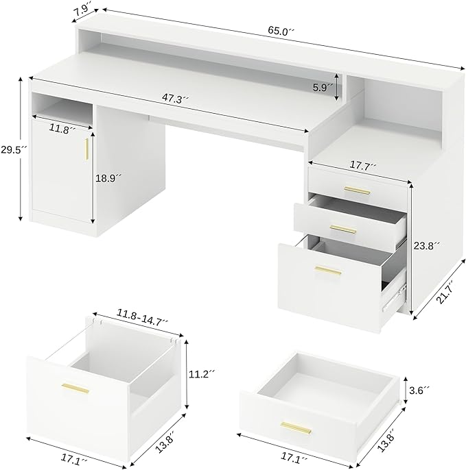 Computer Desk with 3 Drawer & Storage Shelves, Home Office Desk with File Drawer & Cabinet, Writing Study Table with Long Monitor Stand & Printer Shelf, Executive Desk, White