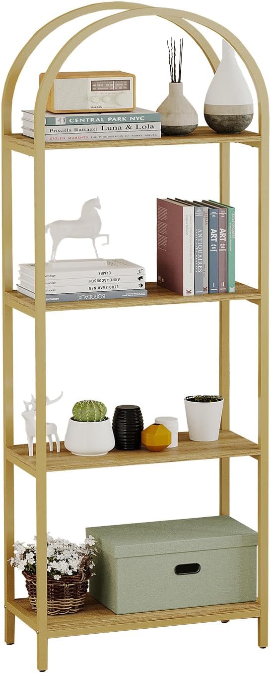 Bookshelf Arched Bookcase, Industrial 4-Tier Open Shelves with Metal Frame, 72" Tall Freestanding Storage Display Rack for Home Office, Living Room, Gold & Nature Wood, Easy Assembly
