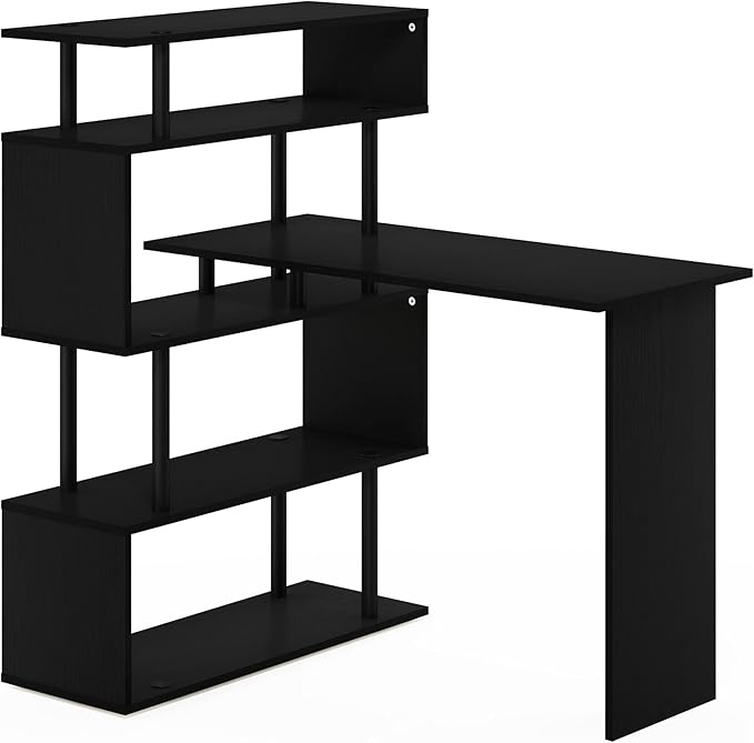 Furinno Classic Desk, 40" Wide L-Shape Gaming Desk, Computer Desk, Writing Desk with 5-Tier S-Shaped Side Shelves for Home Office, Study Room, Dorm, Bedroom, Americano