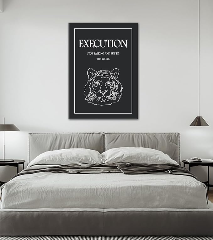Motivational Execution Wall Art - InspirationalCanvas Print with Tiger Line Drawing, STOP TALKING AND PUT IN THE WORK Quote Poster, Black and White Wall Decor for Office Home Gym, Framed 24"x36"