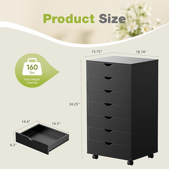 NEWBULIG 7 Drawers File Cabinet Under Desk Storage with Wheels Small Rolling Office Filing Cabinets Chest of Dawers for Home Office Black