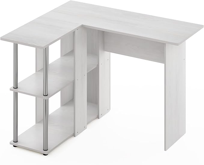 Furinno Abbott L-Shape Desk with Bookshelf, White Oak/Chrome