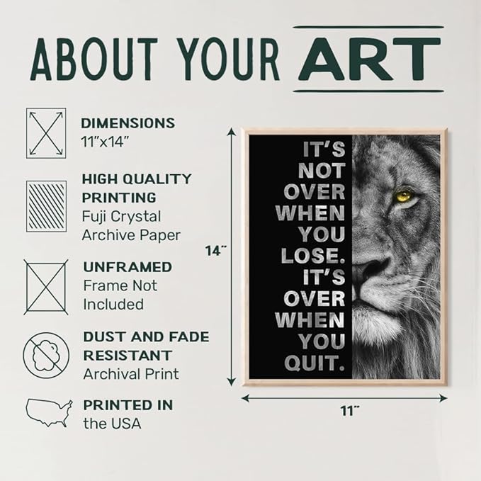 Office Wall Art For Men 11x14 - Inspirational Wall Decor - Motivational quote - positive affirmation Wall Art - Gym Motivation Poster - Man cave Wall Decorations - Lion Print - LARGE Unframed