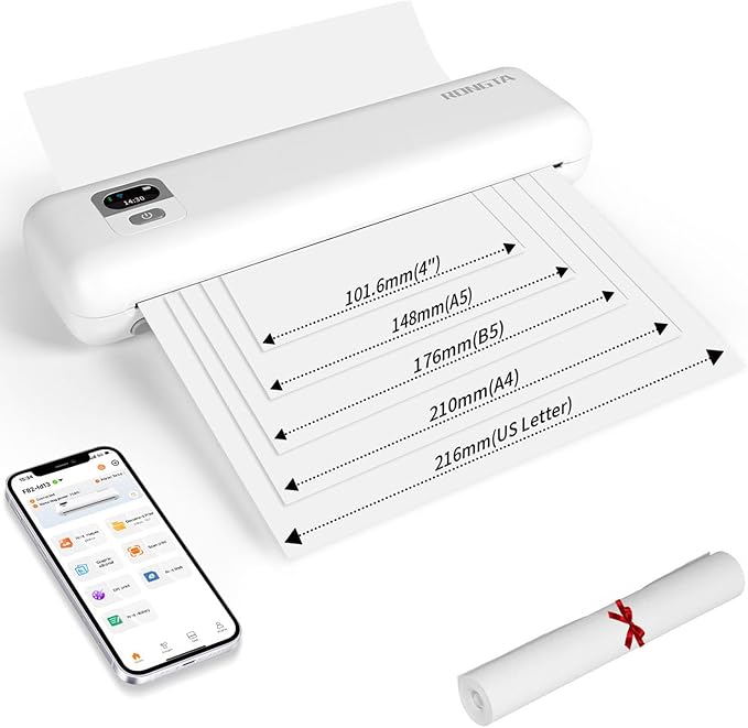 Rongta Portable Printer Wireless for Travel, F82 Inkless Bluetooth Thermal Printers, Compatible with iOS, Android, Laptop, Support 8.5"x11" US Letter&A4 for Office, Home, Car (White)