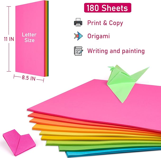 Colored Print&Copy Paper 8.5x11 Inches,180 Sheets 9 Colors Pastel A4 Printer Paper 20 lb/90GSM Colored Multipurpose Computer Pastel Paper for Office Printer School Cutting DIY Kids