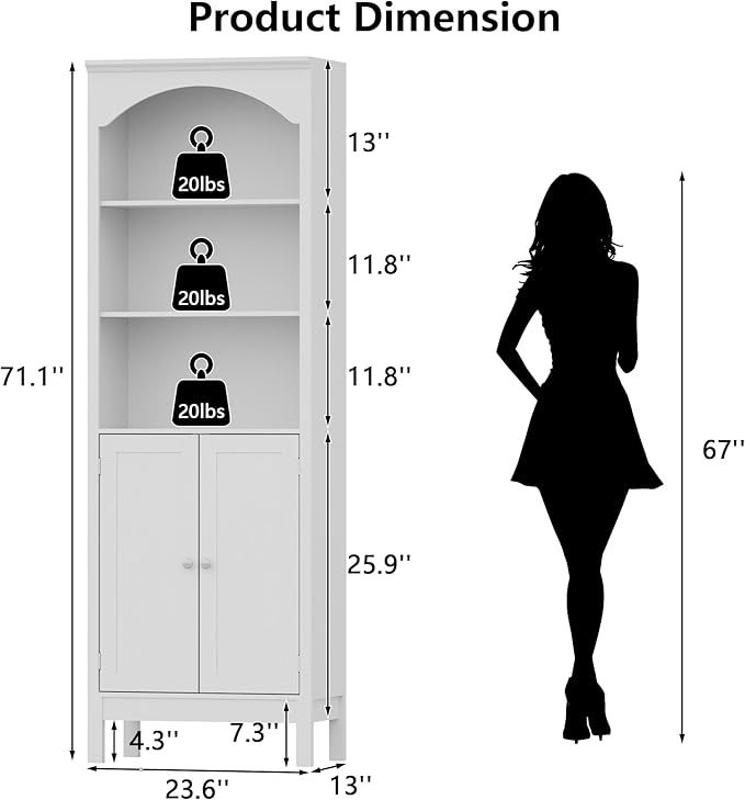 71" H Tall Bookshelf with Doors, Farmhouse Book Shelf with 3-Tier Open Shelves, Wooden Bookcase with Storage Cabinet, Freestanding Display Bookshelves for Bedroom, Living Room, White