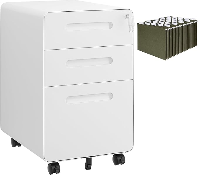 3 Drawers File Cabinet, Mobile Filing Cabinet with Lock, with 25 File Folders, Steel, Fully Assembled Except Casters, for Home Office, White