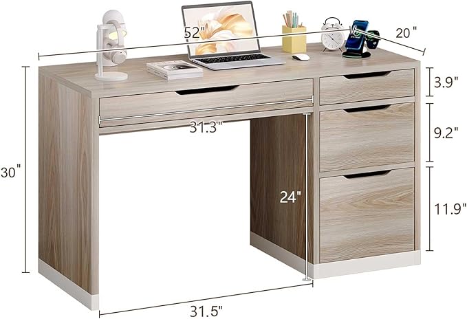 52 Inch Desk with 4 Drawers, Computer Desk with Storage File Drawer for Bedroom, Small Office Desk with Storage for Small Space, Walnut