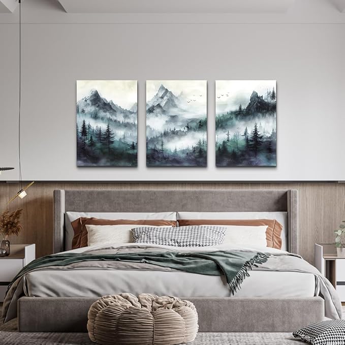 TTHYUEWS Canvas Wall Art - Modern Misty Mountain Forest Wall Painting for Bedroom, Living Room, Office - 3 Piece Set