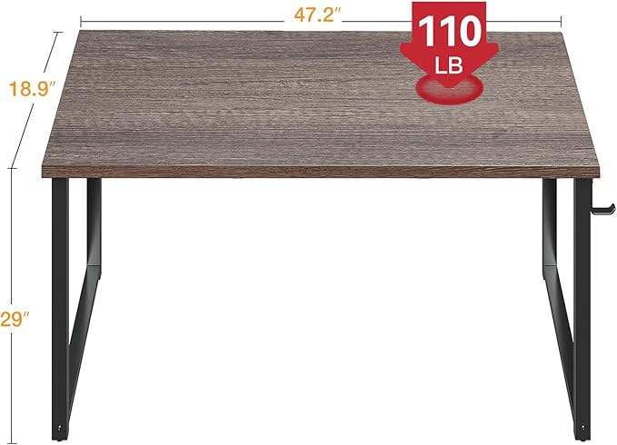Casaottima 48 Inch Small Computer Desk for Home Office, Study Writing Table for Small Spaces, Simple Modern Desk with Headphone Hooks, Grey Oak