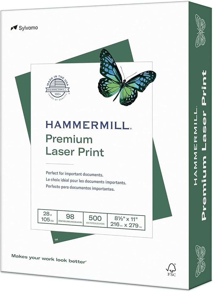Hammermill Printer Paper, Premium Laser Print 28 lb, 8.5 x 11-1 Ream (500 Sheets) - 98 Bright, Made in the USA, 125534R
