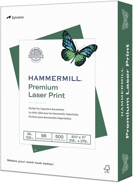 Hammermill Printer Paper, Premium Laser Print 28 lb, 8.5 x 11-1 Ream (500 Sheets) - 98 Bright, Made in the USA, 125534R