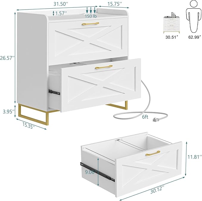 2 Drawer Lateral File Cabinet, Filing Cabinet with Charging Station for Letter/Legal/A4 Size Hanging Files, Modern Farmhouse File Storage Cabinet for Home Office, Printer Stand with Storage, White