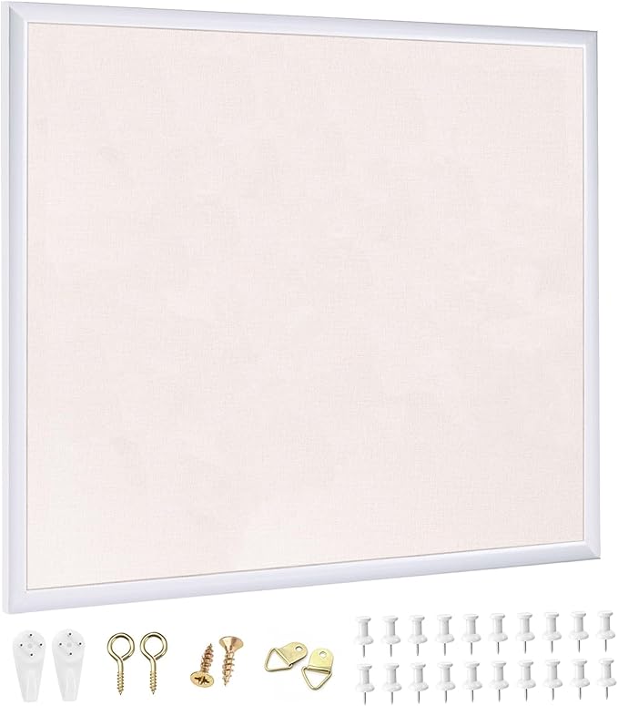 20x30 inch Large Linen Bulletin Board, Cork Board for Walls, White European Frame Style, Vision Board, Pin Wood, Ideal for Shool, Home and Office