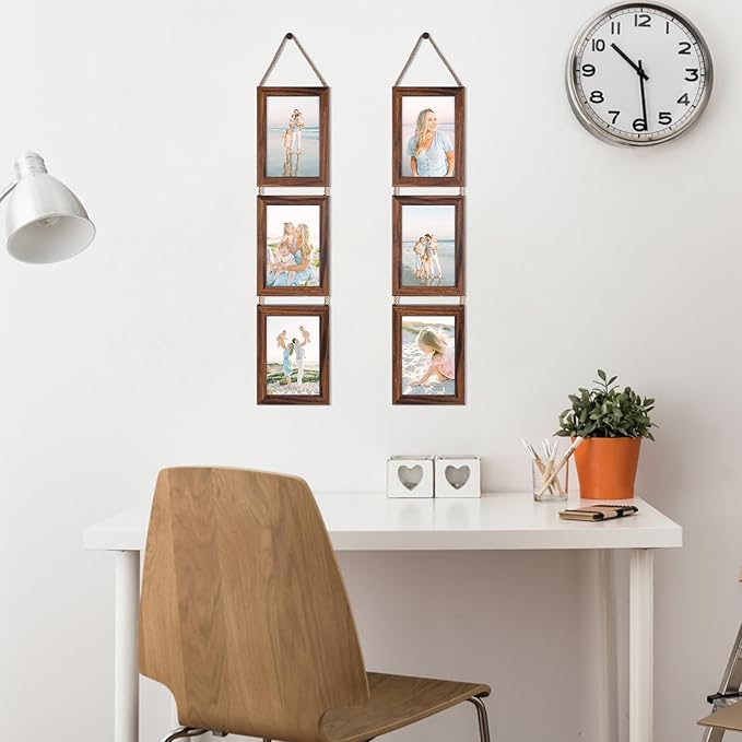 Lavezee 4x6 Collage Triple Picture Frames Set, Walnut Brown 6 Opening Hanging Vertical Frame Made to Display 4 by 6 Inch Photo Print for Wall Decor