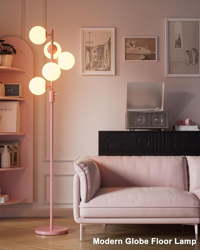 Lightdot Dimmable (Brightness Adjustable) Globe Floor Lamp, Retro Pink Pole Standing Lamps with 5PCS Bulbs Included, Mid Century Modern Floor Lamp for Living Room/Bedroom/Sofa Beside/Corner Decor