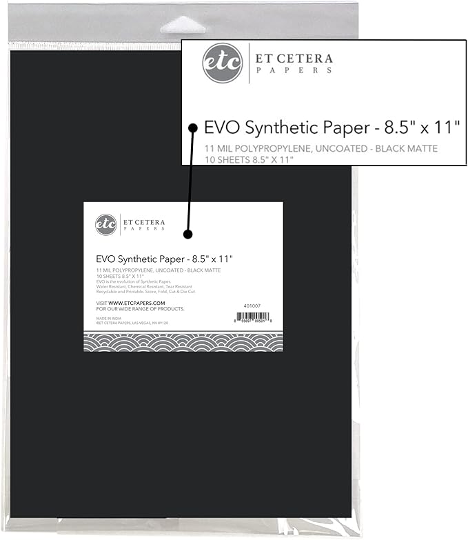 Alcohol Ink Paper - Non-Absorbent, Heavy Weight & Tear Resistant - Easily Wipes Off for Reusable Art Paper - Flexible Matte Black EVO 8.5x11 Inch 10 Sheets