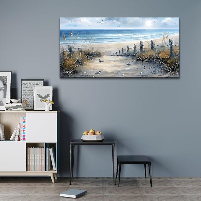 FUHAIHUA Canvas Decorations For Living Room Large Wall Art For Office Modern Bedroom Wall Decor Beach Wall Painting Blue Ocean Sea Wave Pictures Artwork Aesthetics Posters Home Decor 24X48 In