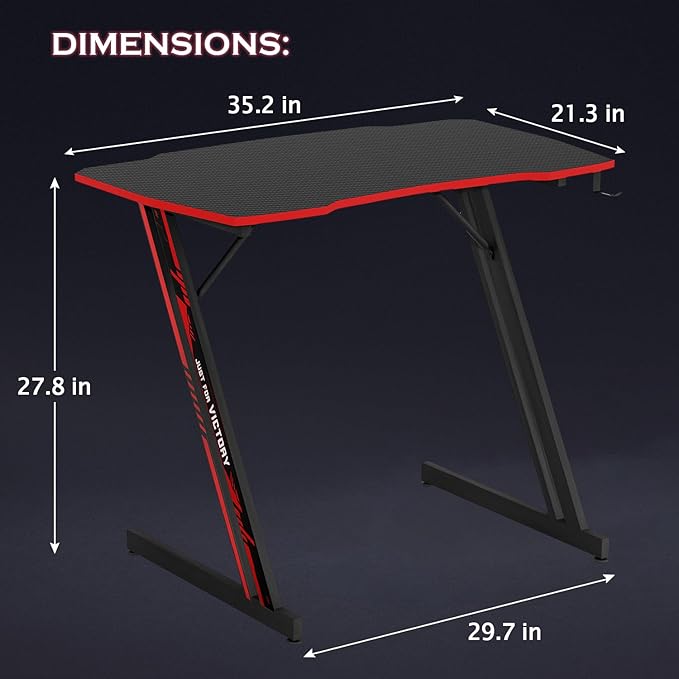 PayLessHere | 35" Gaming Table | Red | Z-Shaped Computer Desk with Steel Frame, Headphone Hook, Adjustable Feet | Carbon Fiber Texture Surface, Sweat & Waterproof | for Gaming, Home Office