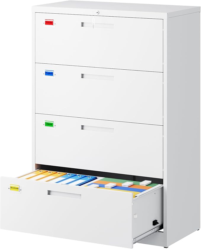 4 Drawer File Cabinet, Lateral Filing Cabinets for Home Office, Office Storage Drawers with Lock, Hanging Files Legal/Letter A4 Size (Assemble Required,White)